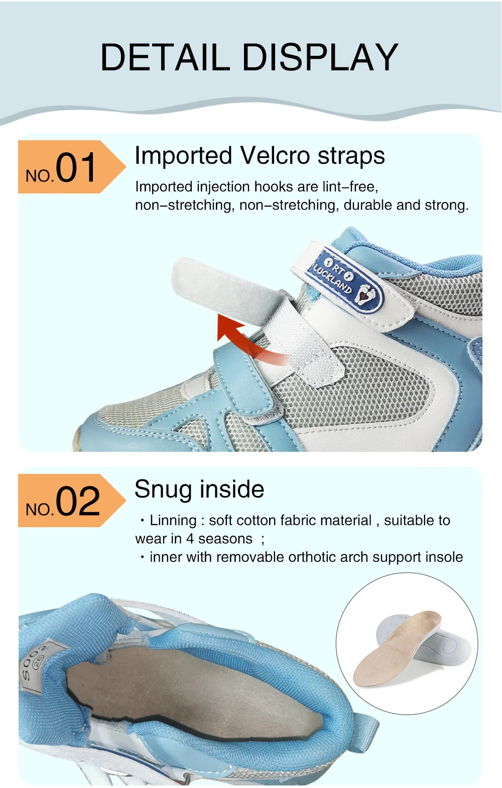 Ortoluckland Girls Shoes Boys Kids Orthopedic Mesh Sneakers Children Sporty Leather Boots With Arch Support Insole 4to 12Years