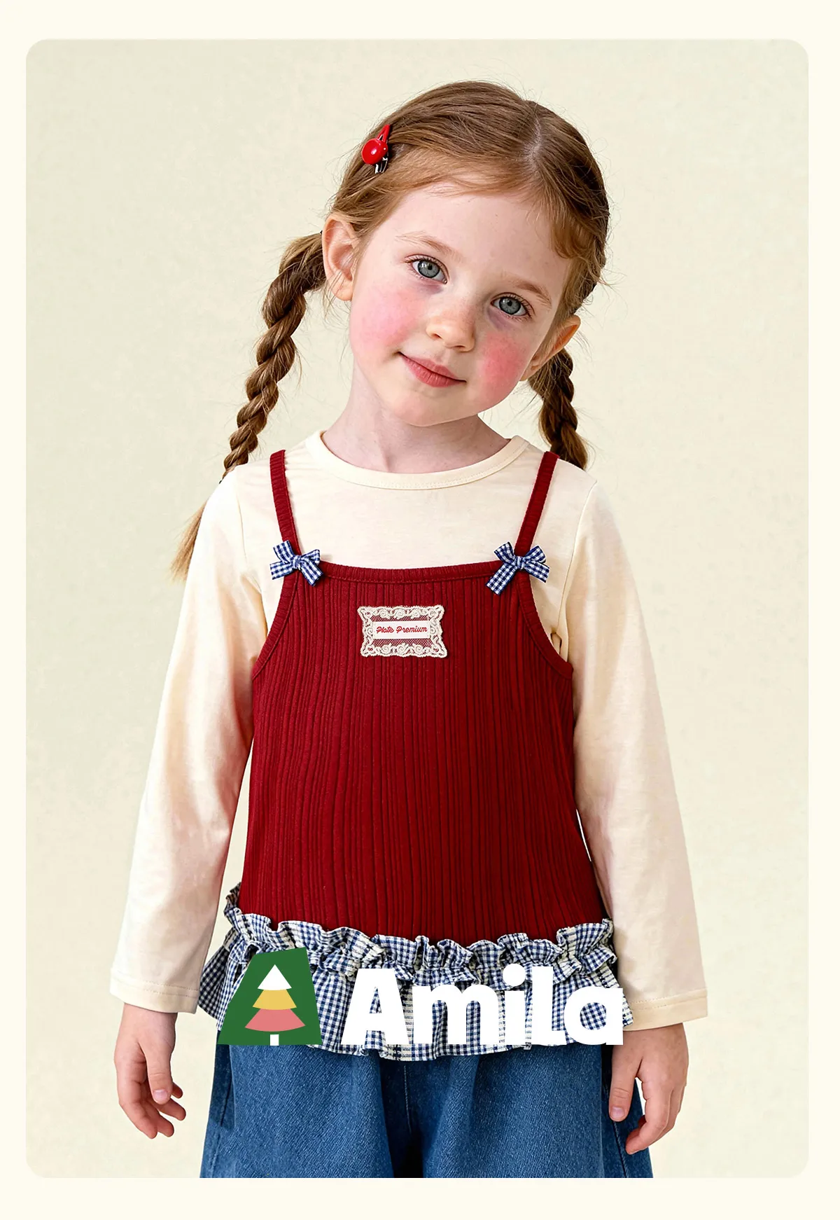 Amila 2026 Spring Girls' T-Shirt Set Sweet And Versatile Long Sleeve Bottom Shirt Strap Two Piece Set Trendy Daily Fashion