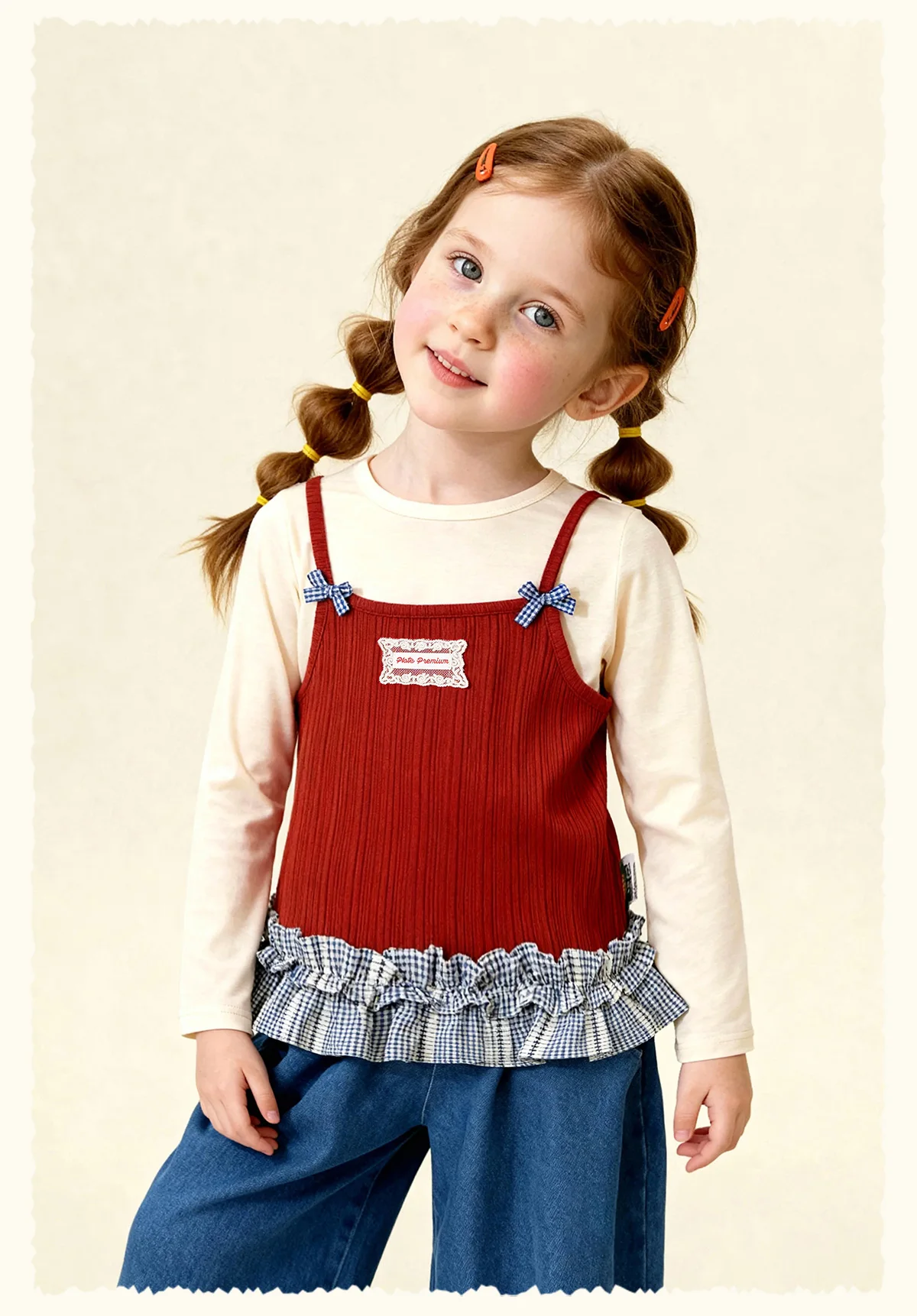 Amila 2026 Spring Girls' T-Shirt Set Sweet And Versatile Long Sleeve Bottom Shirt Strap Two Piece Set Trendy Daily Fashion