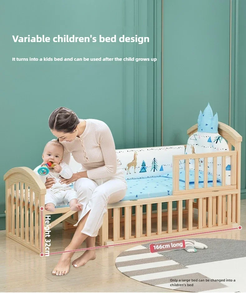 2025 New Height-adjustable Solid Wood Crib, Removable, with Diaper Changing Table and Mosquito Net, Multifunctional Crib