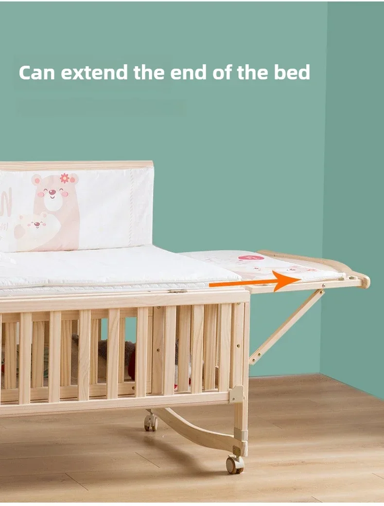 2025 New Height-adjustable Solid Wood Crib, Removable, with Diaper Changing Table and Mosquito Net, Multifunctional Crib