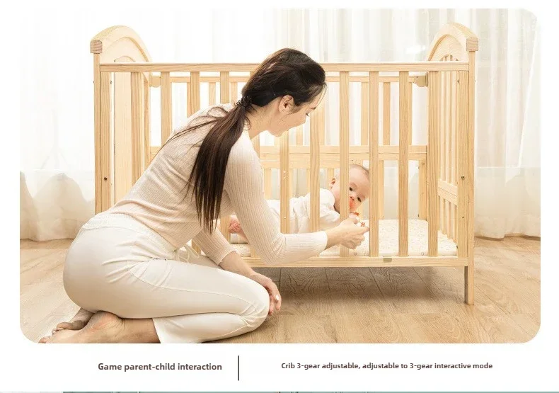 2025 New Height-adjustable Solid Wood Crib, Removable, with Diaper Changing Table and Mosquito Net, Multifunctional Crib