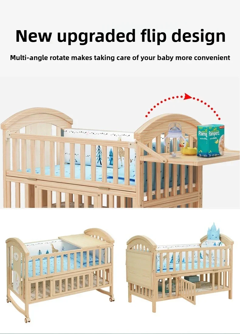 2025 New Height-adjustable Solid Wood Crib, Removable, with Diaper Changing Table and Mosquito Net, Multifunctional Crib