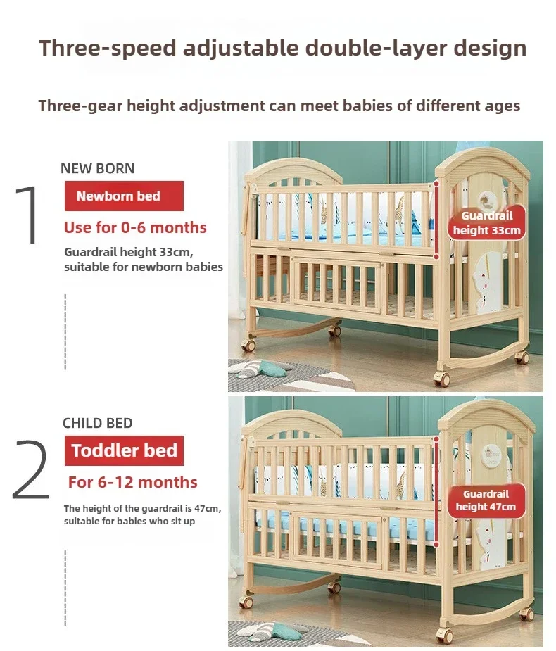 2025 New Height-adjustable Solid Wood Crib, Removable, with Diaper Changing Table and Mosquito Net, Multifunctional Crib