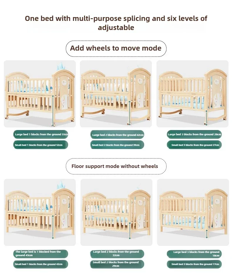 2025 New Height-adjustable Solid Wood Crib, Removable, with Diaper Changing Table and Mosquito Net, Multifunctional Crib