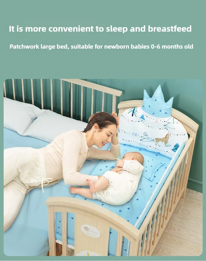 2025 New Height-adjustable Solid Wood Crib, Removable, with Diaper Changing Table and Mosquito Net, Multifunctional Crib