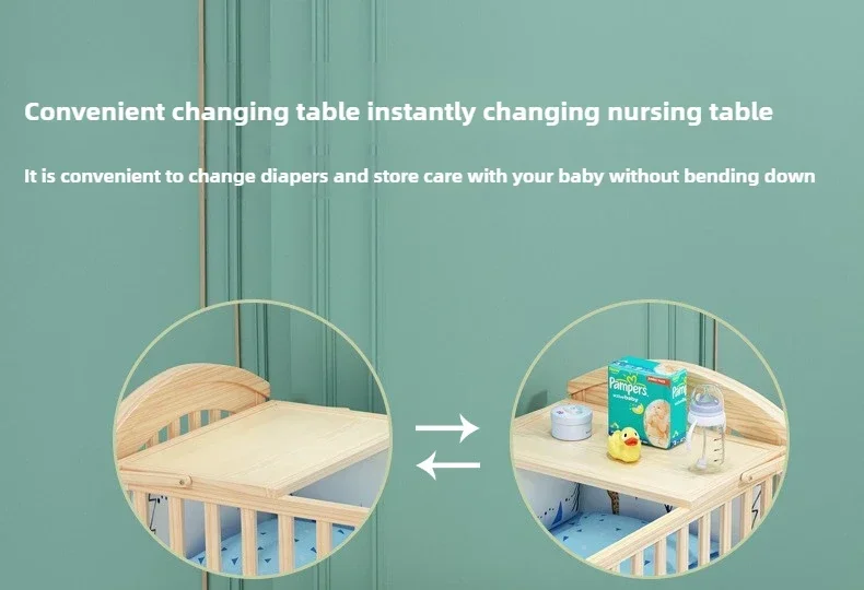 2025 New Height-adjustable Solid Wood Crib, Removable, with Diaper Changing Table and Mosquito Net, Multifunctional Crib