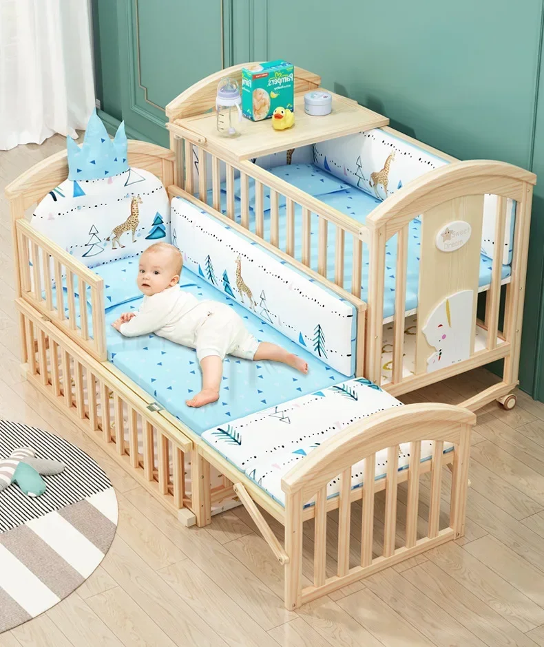 2025 New Height-adjustable Solid Wood Crib, Removable, with Diaper Changing Table and Mosquito Net, Multifunctional Crib