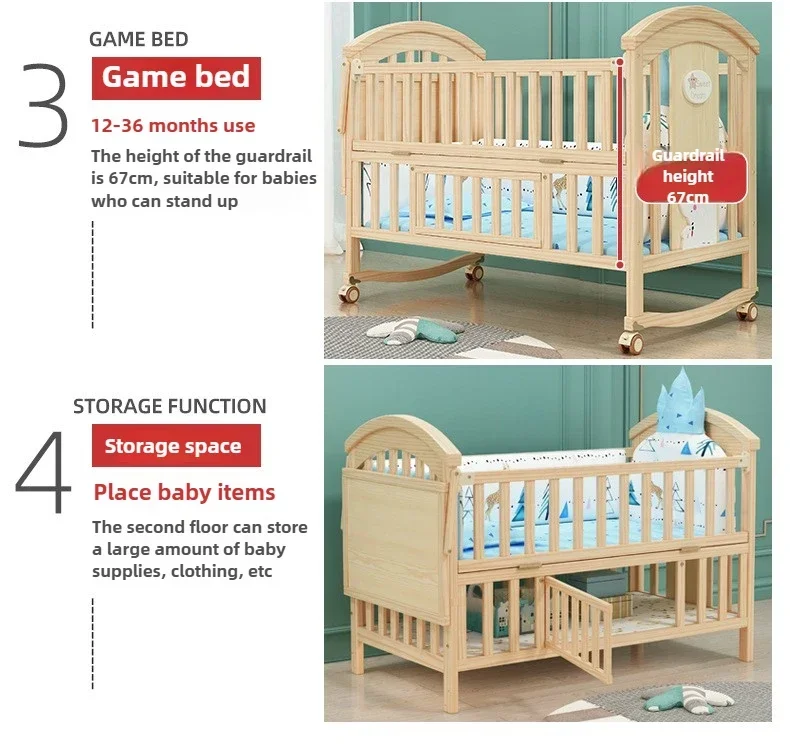 2025 New Height-adjustable Solid Wood Crib, Removable, with Diaper Changing Table and Mosquito Net, Multifunctional Crib