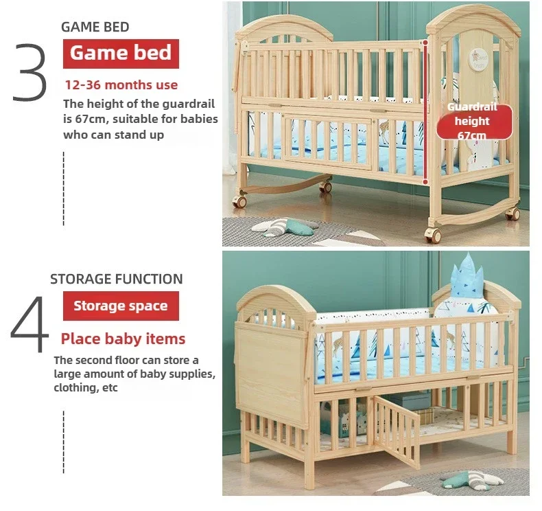 2025 New Height-adjustable Solid Wood Crib, Removable, with Diaper Changing Table and Mosquito Net, Multifunctional Crib