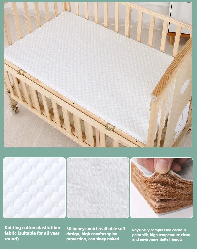 2025 New Height-adjustable Solid Wood Crib, Removable, with Diaper Changing Table and Mosquito Net, Multifunctional Crib