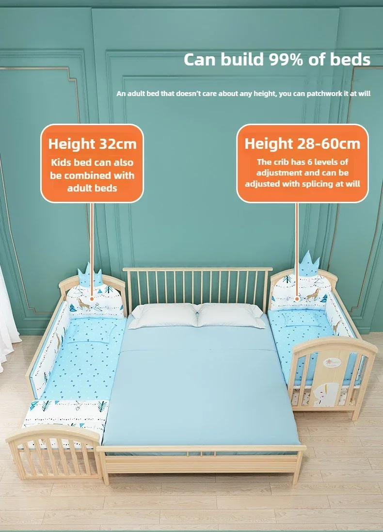 2025 New Height-adjustable Solid Wood Crib, Removable, with Diaper Changing Table and Mosquito Net, Multifunctional Crib
