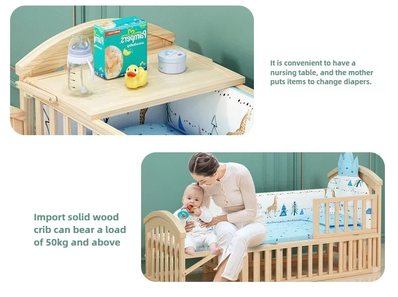 2025 New Height-adjustable Solid Wood Crib, Removable, with Diaper Changing Table and Mosquito Net, Multifunctional Crib