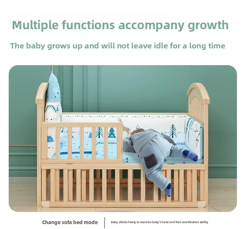 2025 New Height-adjustable Solid Wood Crib, Removable, with Diaper Changing Table and Mosquito Net, Multifunctional Crib