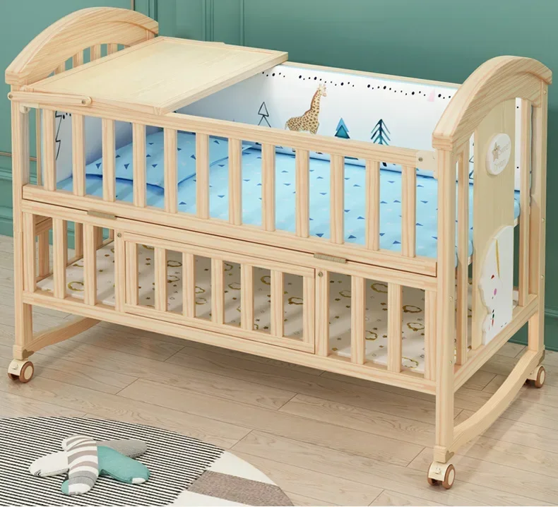 2025 New Height-adjustable Solid Wood Crib, Removable, with Diaper Changing Table and Mosquito Net, Multifunctional Crib