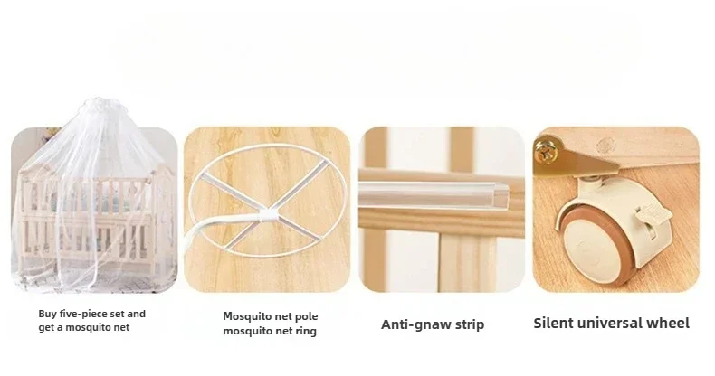 2025 New Height-adjustable Solid Wood Crib, Removable, with Diaper Changing Table and Mosquito Net, Multifunctional Crib