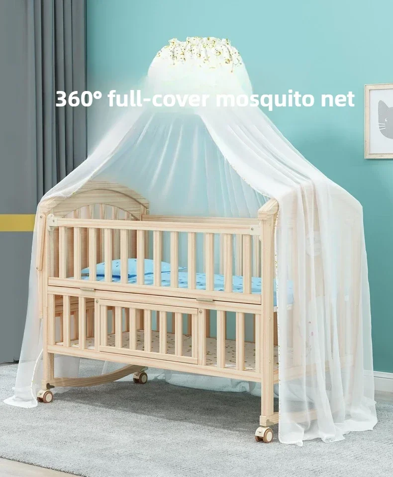 2025 New Height-adjustable Solid Wood Crib, Removable, with Diaper Changing Table and Mosquito Net, Multifunctional Crib