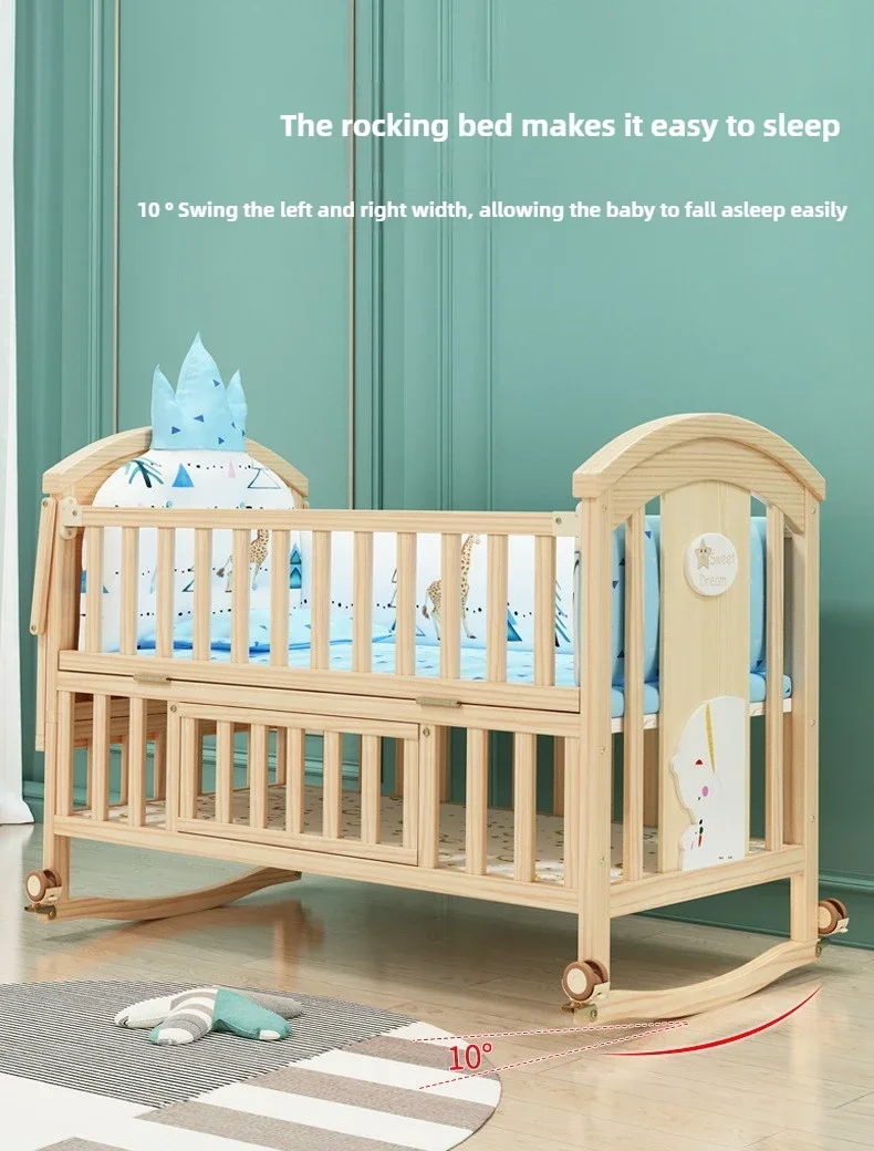 2025 New Height-adjustable Solid Wood Crib, Removable, with Diaper Changing Table and Mosquito Net, Multifunctional Crib