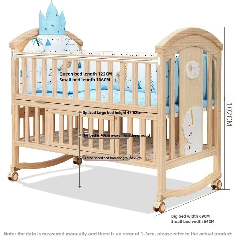 2025 New Height-adjustable Solid Wood Crib, Removable, with Diaper Changing Table and Mosquito Net, Multifunctional Crib