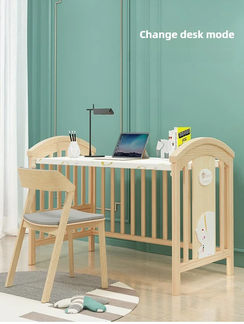 2025 New Height-adjustable Solid Wood Crib, Removable, with Diaper Changing Table and Mosquito Net, Multifunctional Crib