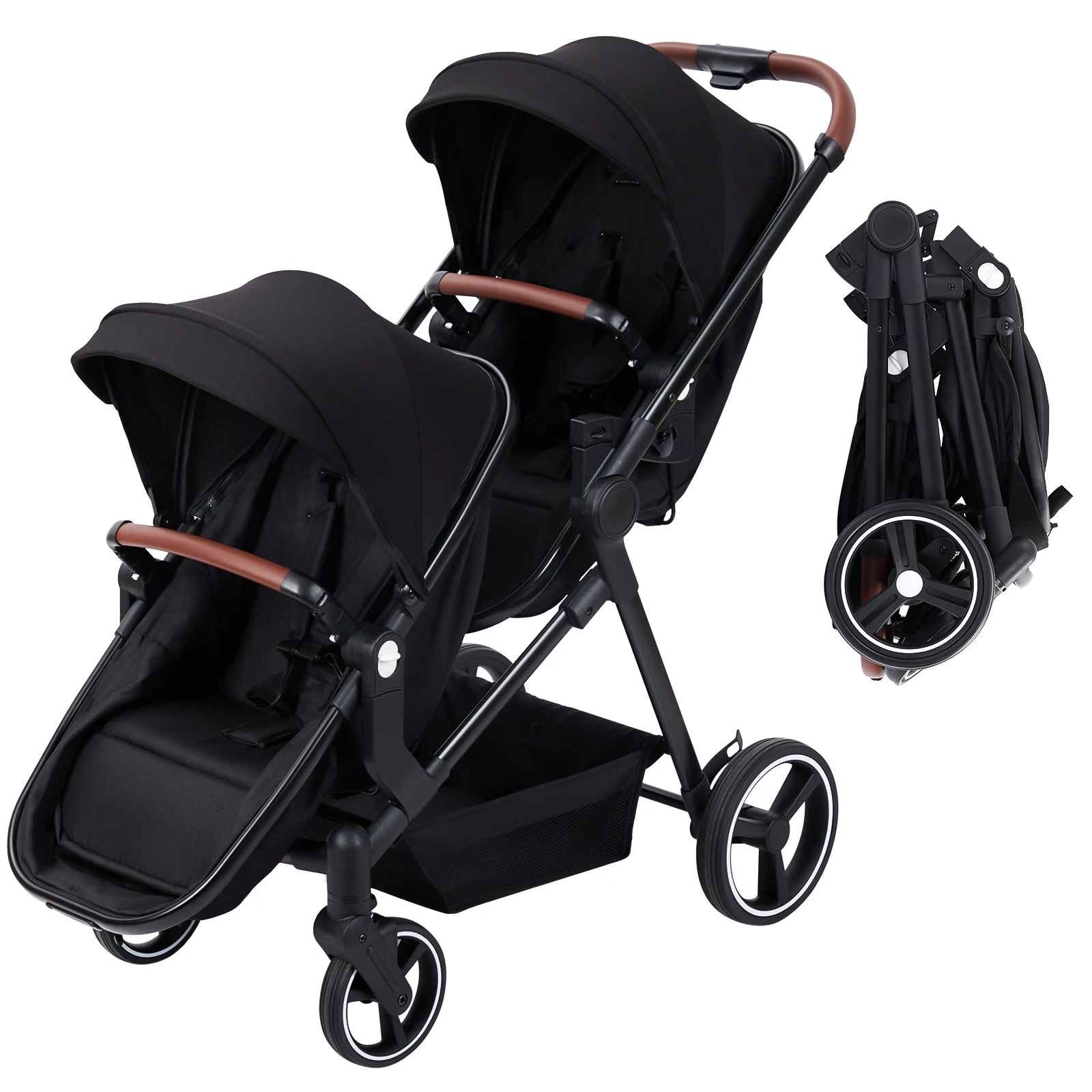 Double Stroller Track Tandem Stroller for Infant and Toddler, Foldable Pushchair Bassinet Pram, Multi-Position Reversible