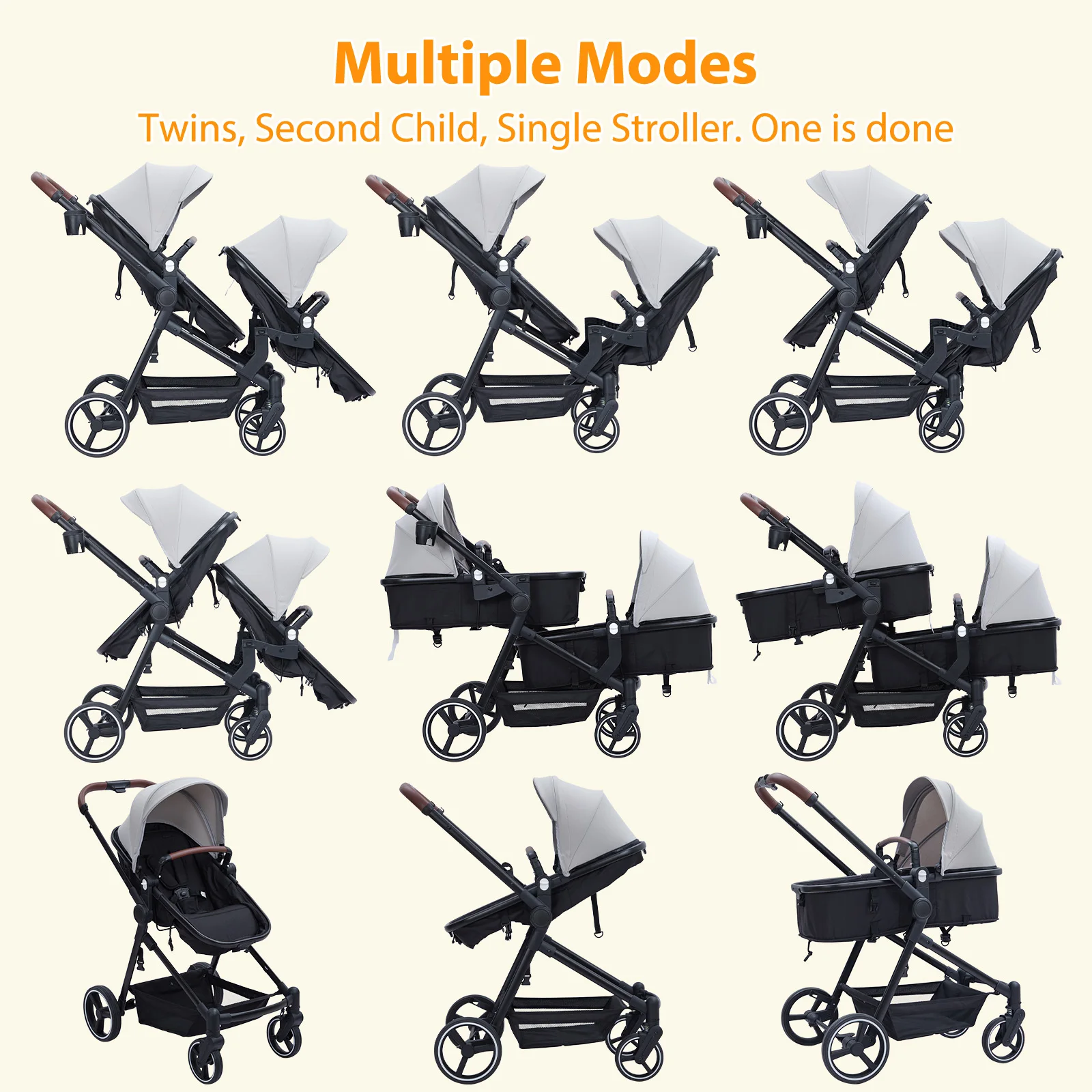 Double Stroller Track Tandem Stroller for Infant and Toddler, Foldable Pushchair Bassinet Pram, Multi-Position Reversible