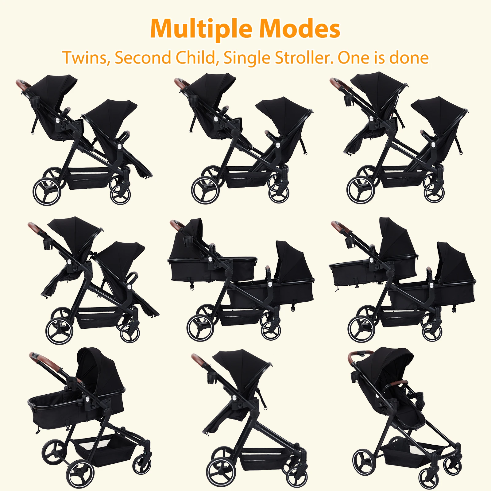 Double Stroller Track Tandem Stroller for Infant and Toddler, Foldable Pushchair Bassinet Pram, Multi-Position Reversible