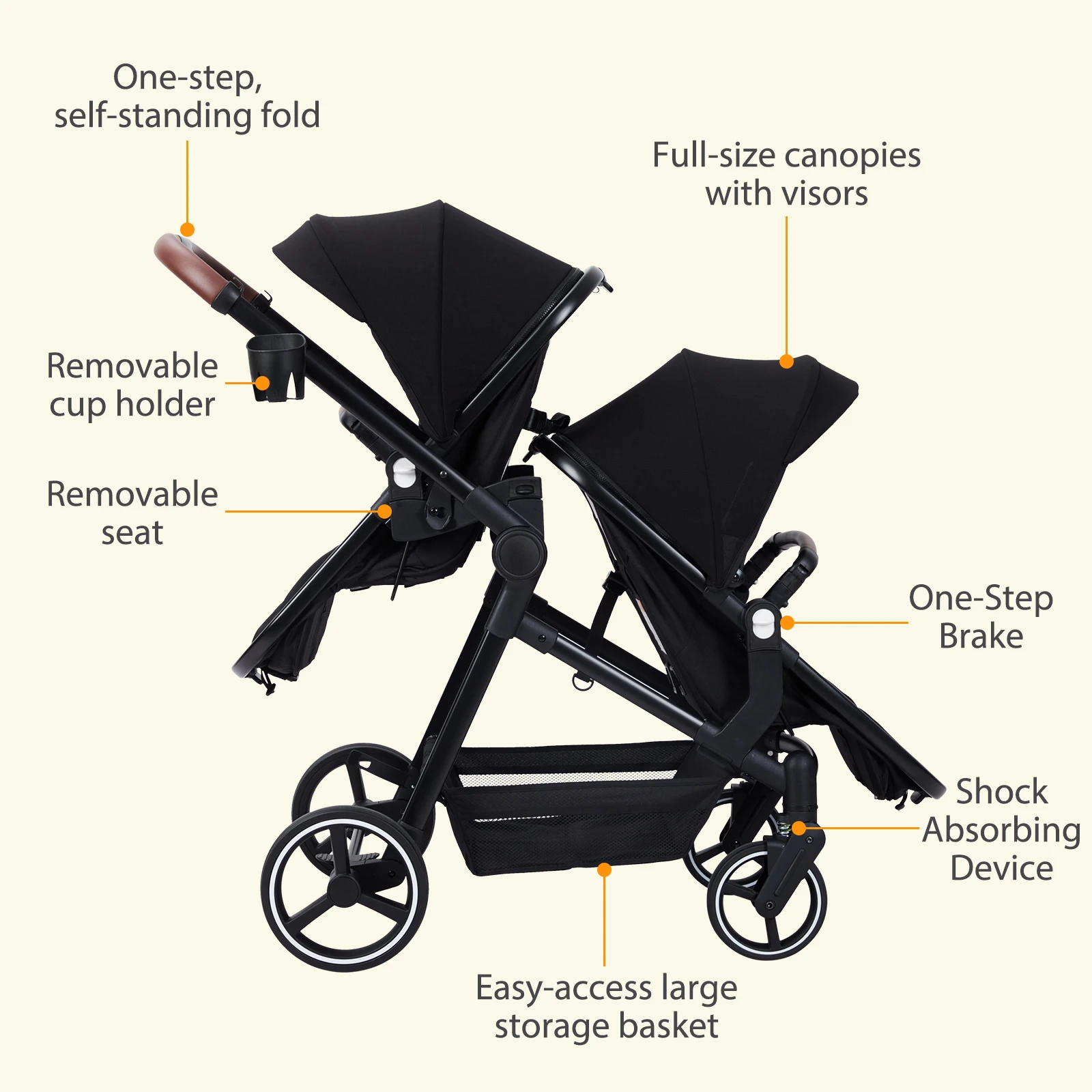 Double Stroller Track Tandem Stroller for Infant and Toddler, Foldable Pushchair Bassinet Pram, Multi-Position Reversible