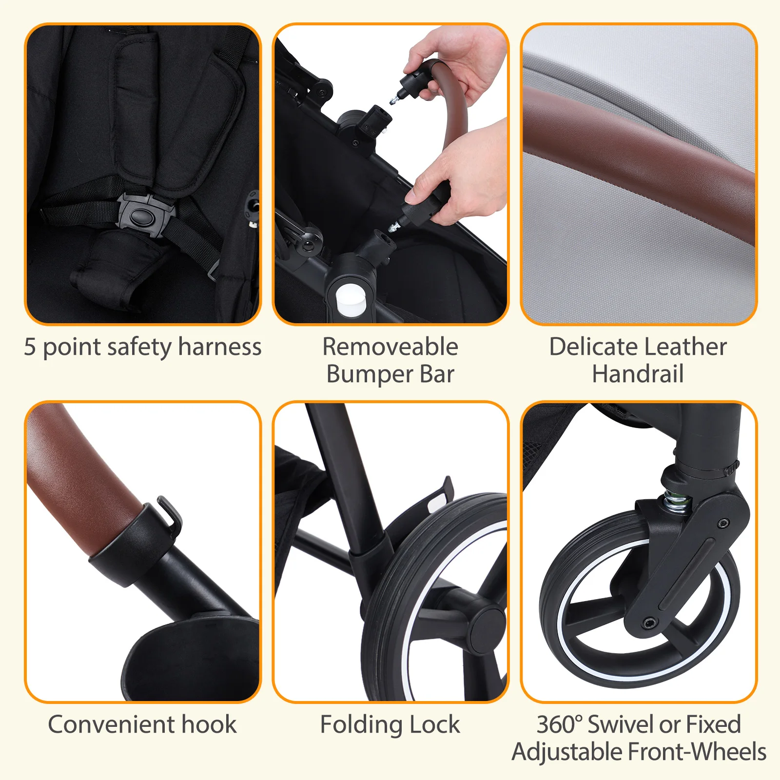 Double Stroller Track Tandem Stroller for Infant and Toddler, Foldable Pushchair Bassinet Pram, Multi-Position Reversible
