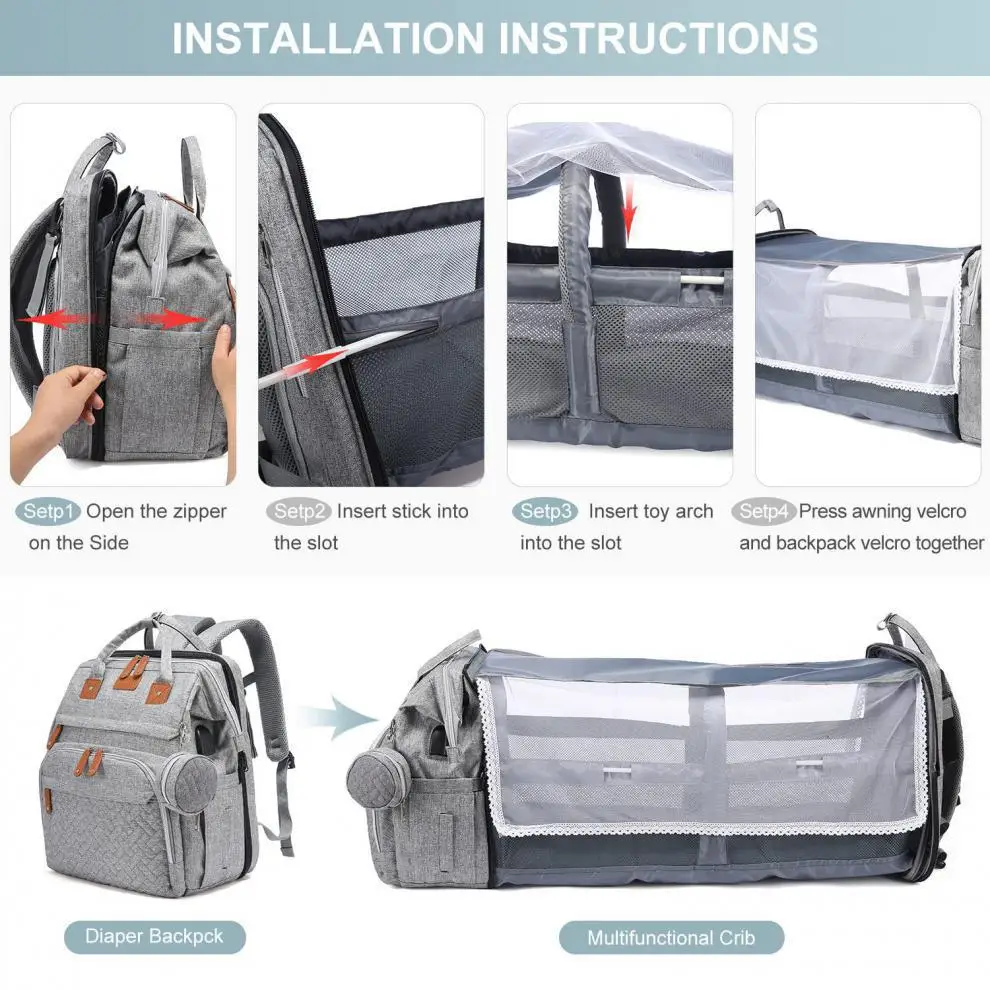 3 In 1 Diaper Bag Backpack Foldable Baby Bed Waterproof Travel Bag with USB Charge Nappy Stroller Bag with Changing Bed 3 Types