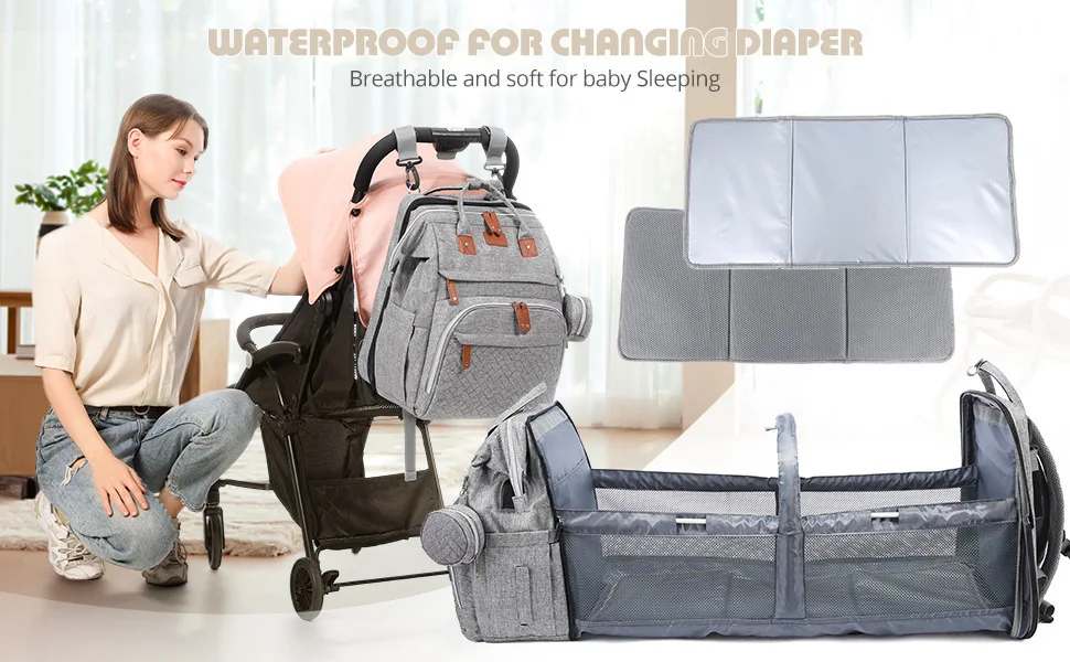 3 In 1 Diaper Bag Backpack Foldable Baby Bed Waterproof Travel Bag with USB Charge Nappy Stroller Bag with Changing Bed 3 Types
