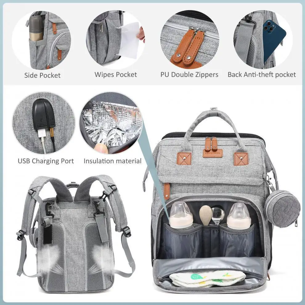 3 In 1 Diaper Bag Backpack Foldable Baby Bed Waterproof Travel Bag with USB Charge Nappy Stroller Bag with Changing Bed 3 Types