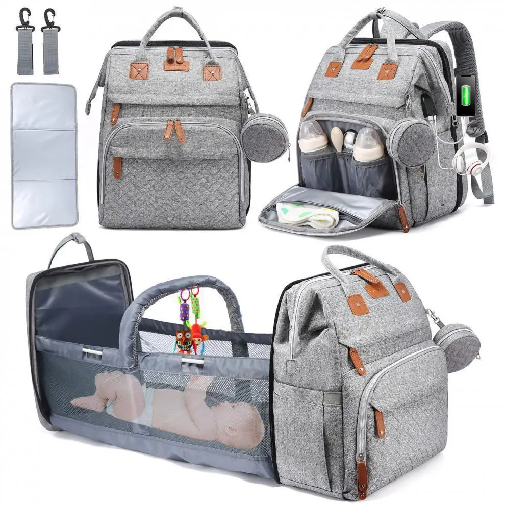 3 In 1 Diaper Bag Backpack Foldable Baby Bed Waterproof Travel Bag with USB Charge Nappy Stroller Bag with Changing Bed 3 Types