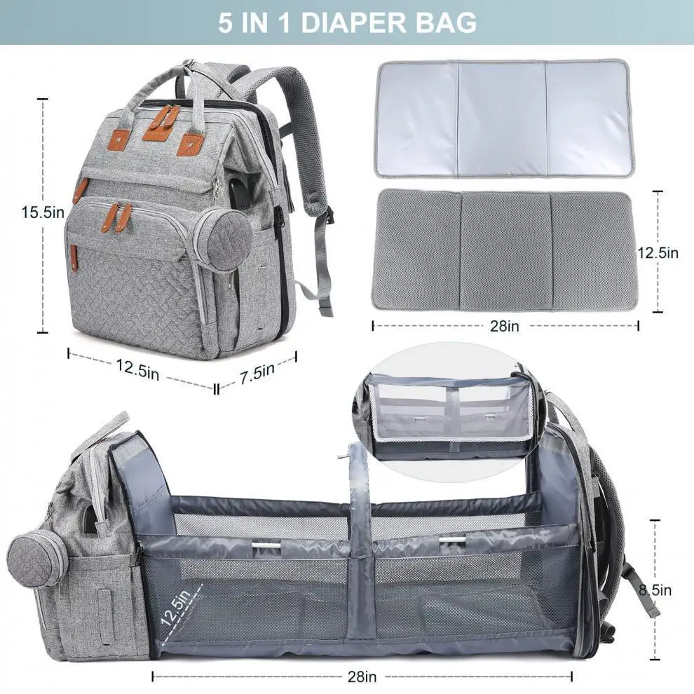 3 In 1 Diaper Bag Backpack Foldable Baby Bed Waterproof Travel Bag with USB Charge Nappy Stroller Bag with Changing Bed 3 Types