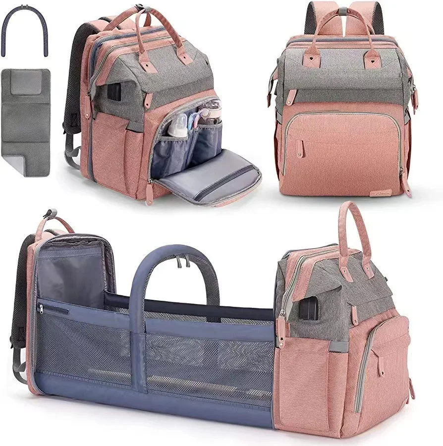 3 In 1 Diaper Bag Backpack Foldable Baby Bed Waterproof Travel Bag with USB Charge Nappy Stroller Bag with Changing Bed 3 Types