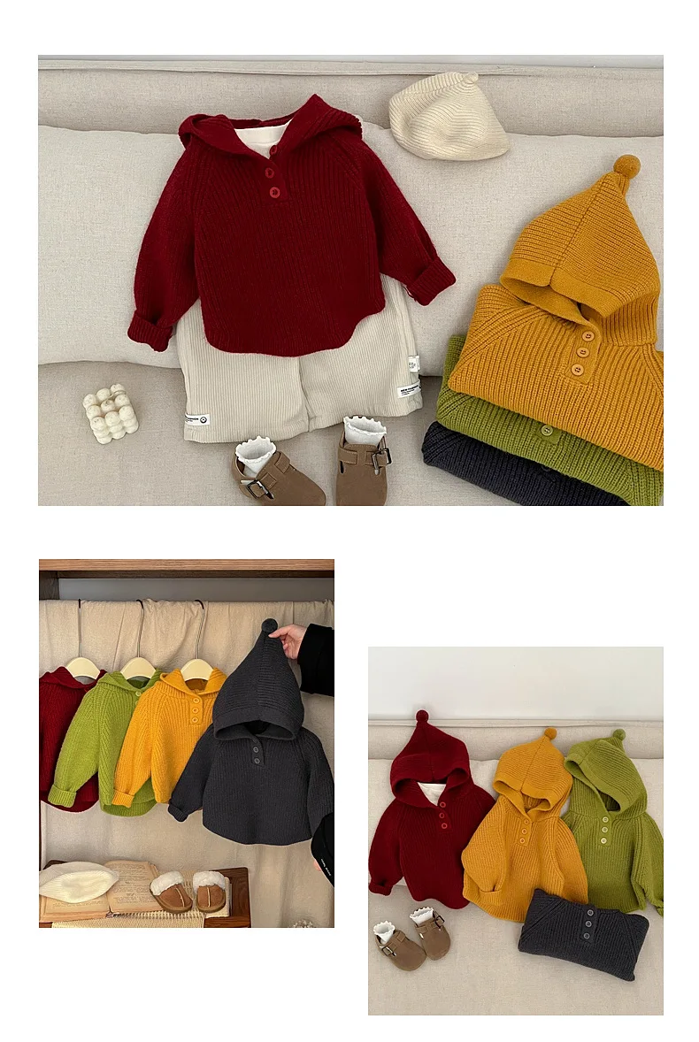 2025 Autumn New Baby Solid Hooded Sweater Infant Girl Casual Knit Hoodie Kids Boys Long Sleeve Casual Sweater Children Clothes