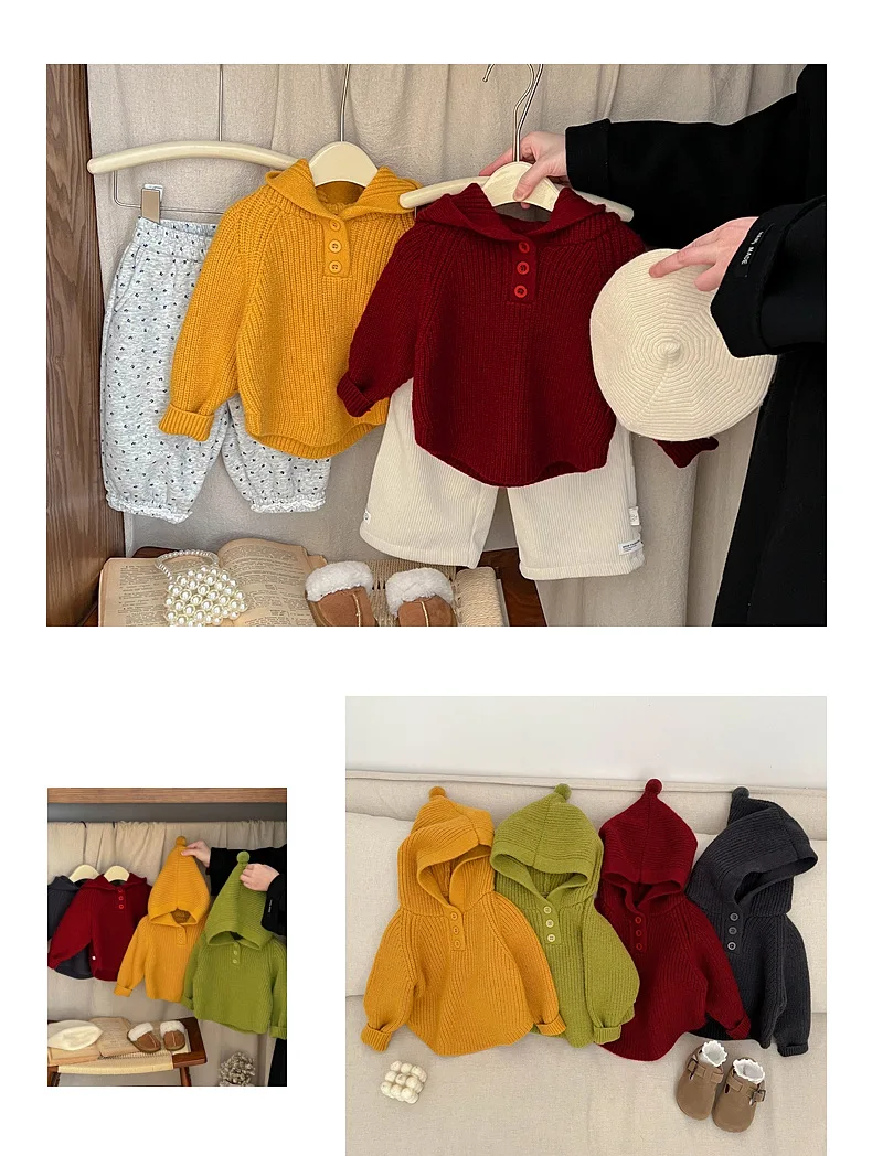 2025 Autumn New Baby Solid Hooded Sweater Infant Girl Casual Knit Hoodie Kids Boys Long Sleeve Casual Sweater Children Clothes