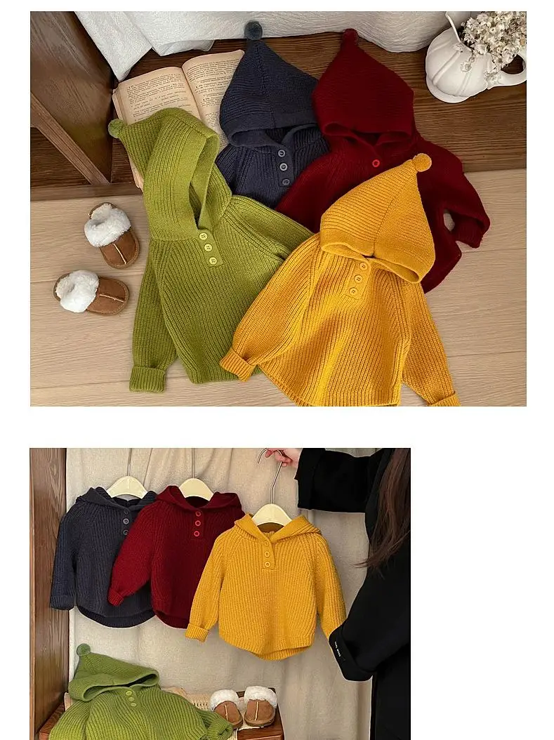 2025 Autumn New Baby Solid Hooded Sweater Infant Girl Casual Knit Hoodie Kids Boys Long Sleeve Casual Sweater Children Clothes