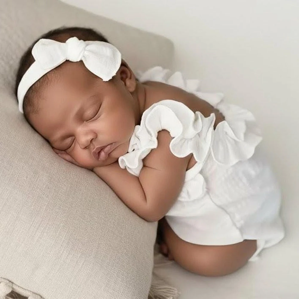 Newborn Photography Prop Set White Ruffle Romper with Headband Baby Photo Shoot Outfit 0-3 Months Newborn Portrait