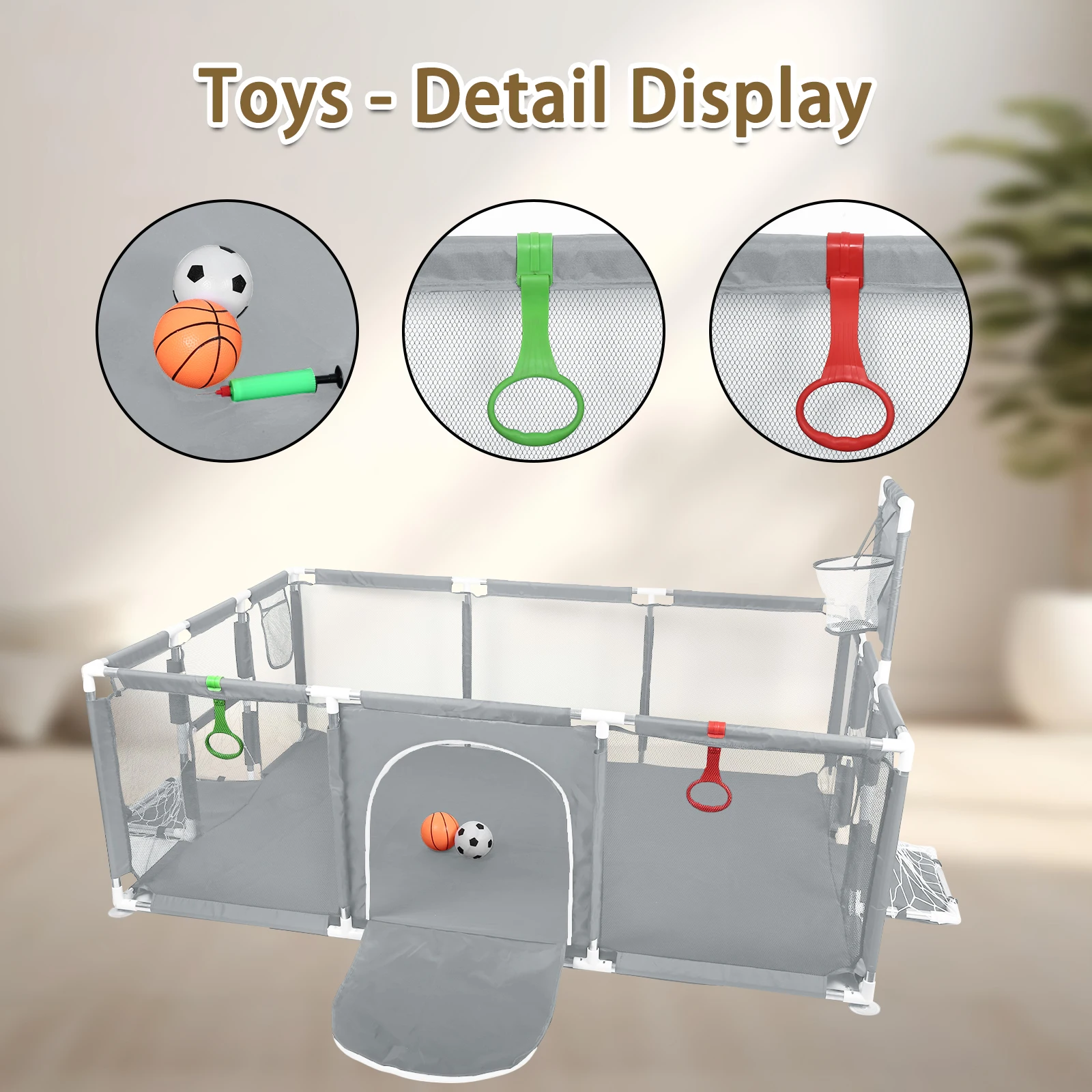 Baby Playpen, Large Portable Play Yard for Toddlers, Sturdy Safety Fence, 50 Balls, 4 Rings, 8 Suction Cups, Indoor and Outdoor Baby Playpen