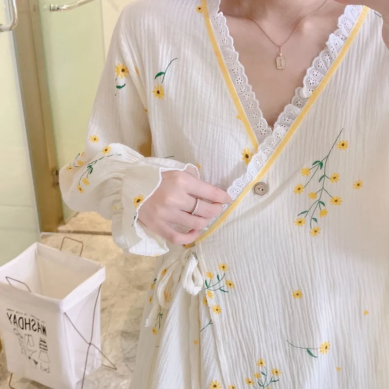 Cotton Gauze Maternity Robe Thin Kimono Nursing Pajamas for Pregnancy Postpartum Breastfeeding Home Wear Spring Autumn Summer