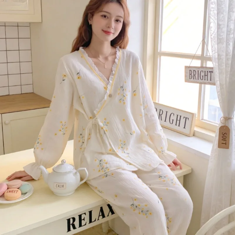 Cotton Gauze Maternity Robe Thin Kimono Nursing Pajamas for Pregnancy Postpartum Breastfeeding Home Wear Spring Autumn Summer