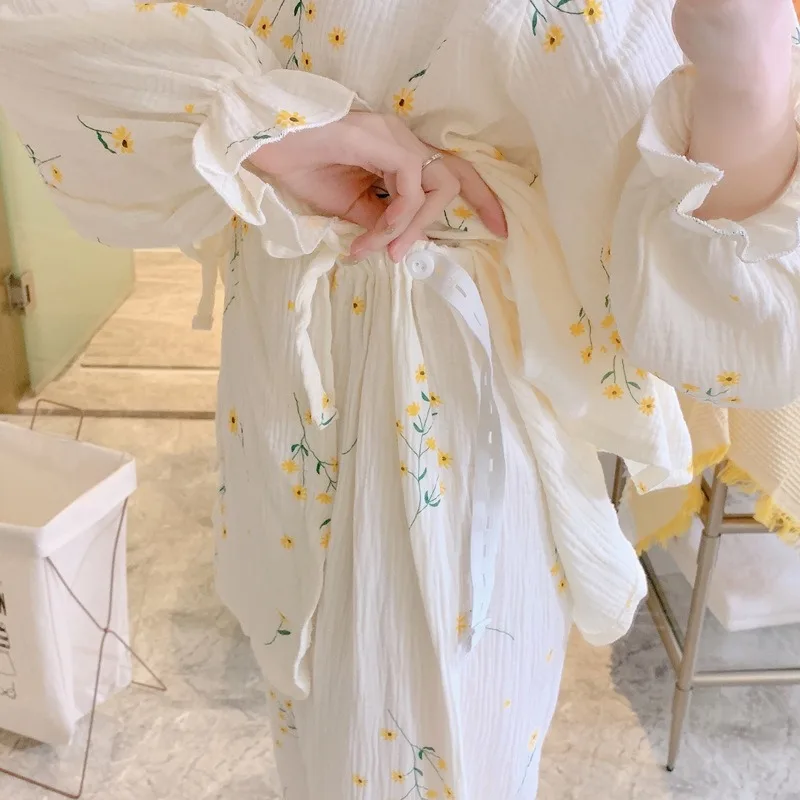 Cotton Gauze Maternity Robe Thin Kimono Nursing Pajamas for Pregnancy Postpartum Breastfeeding Home Wear Spring Autumn Summer