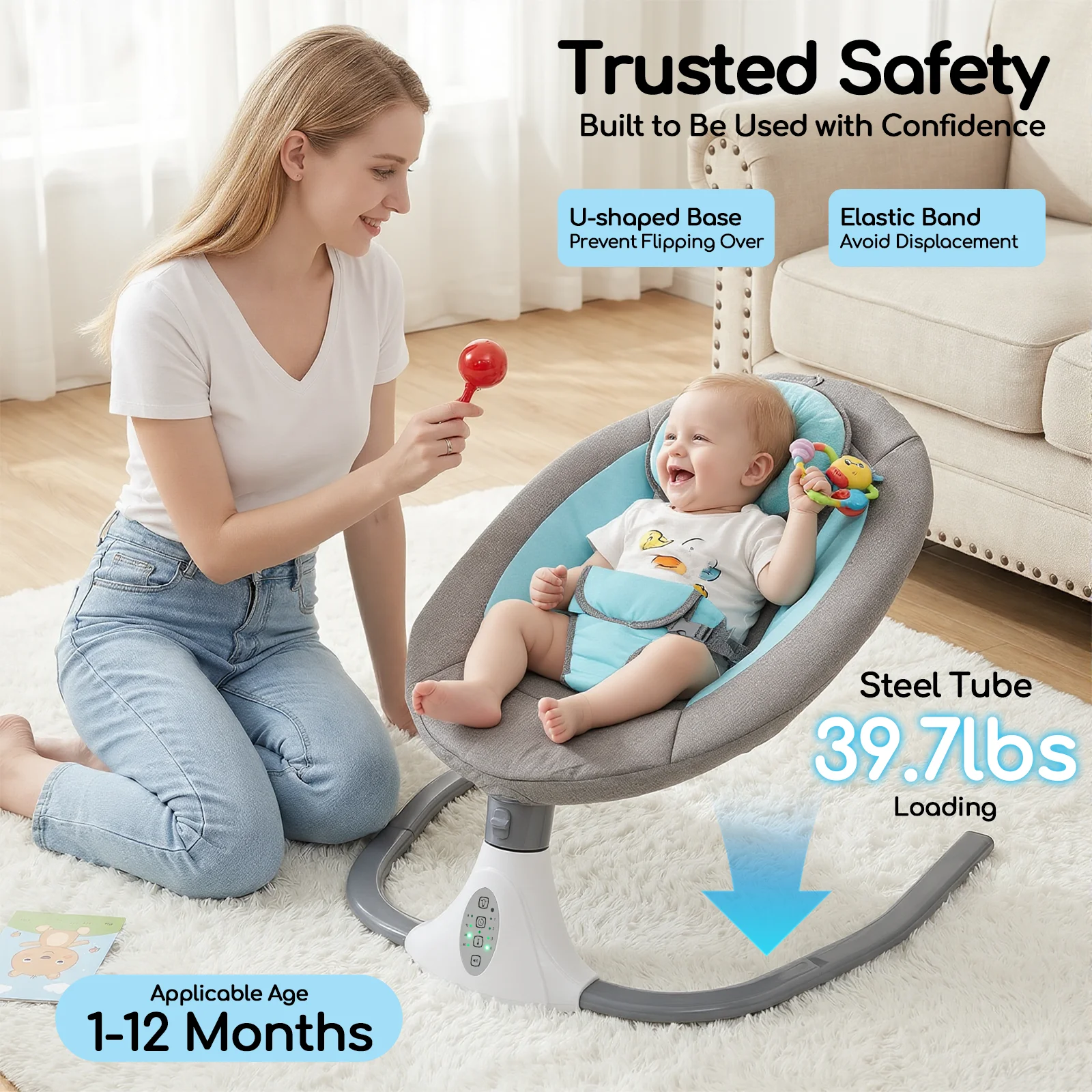 Electric Bluetooth Baby Cradle Baby Auto Swing Chair with Remote Control for 0-18 Months, Swing Amplitudes /Timing Adjustable
