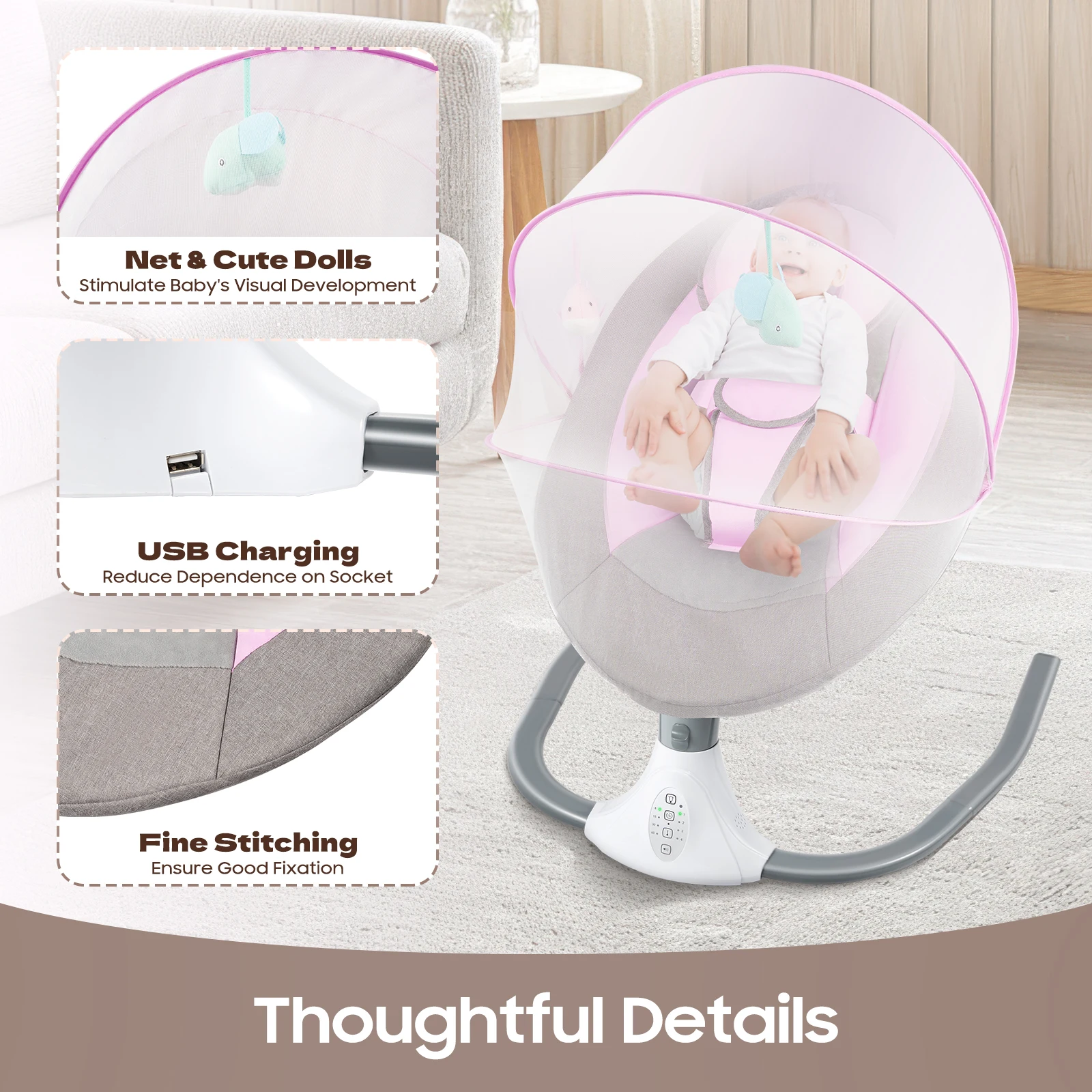 Electric Bluetooth Baby Cradle Baby Auto Swing Chair with Remote Control for 0-18 Months, Swing Amplitudes /Timing Adjustable