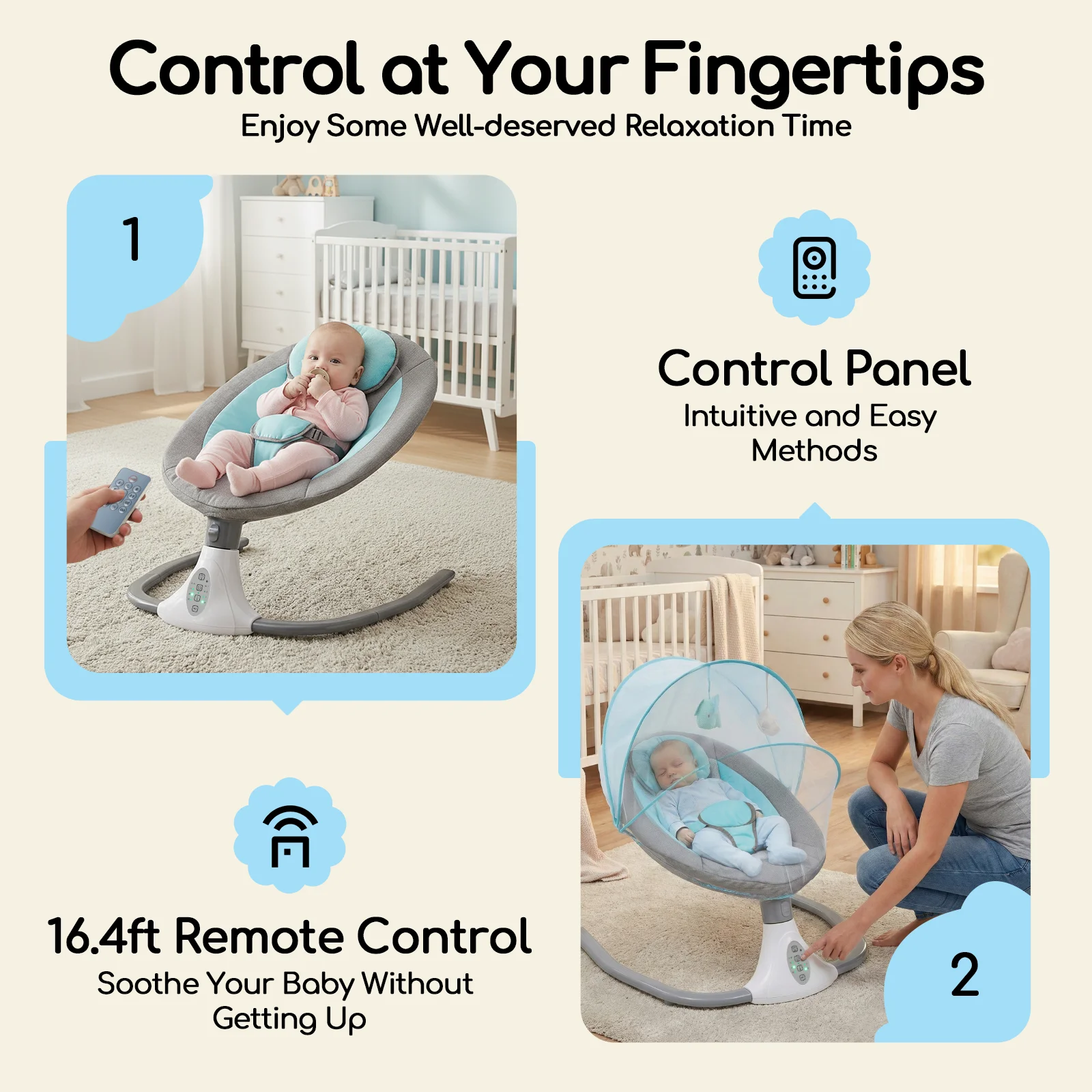 Electric Bluetooth Baby Cradle Baby Auto Swing Chair with Remote Control for 0-18 Months, Swing Amplitudes /Timing Adjustable