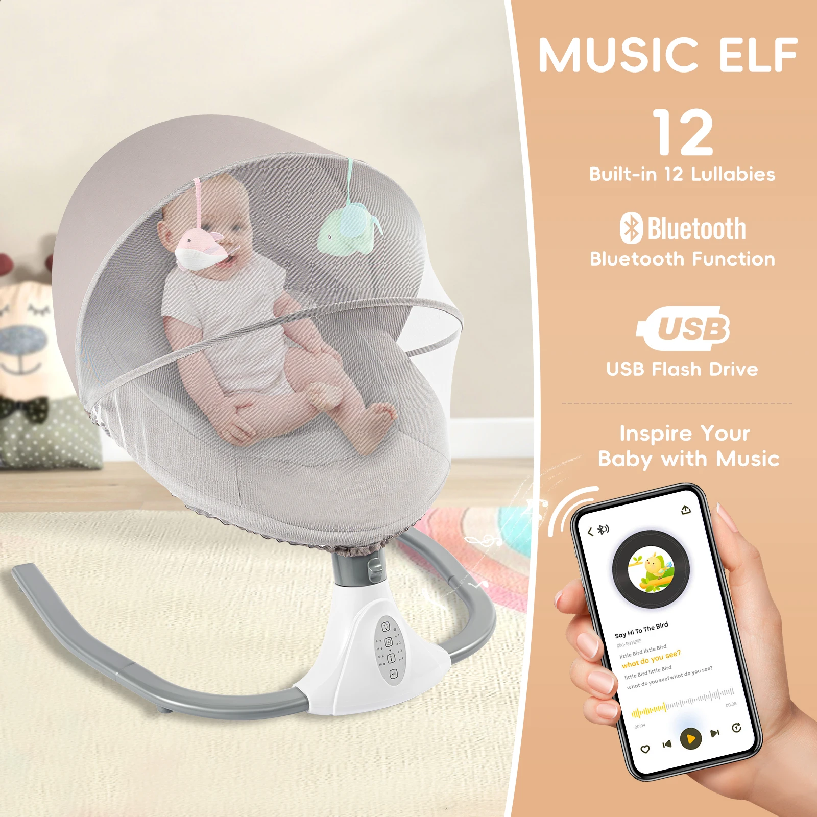 Electric Bluetooth Baby Cradle Baby Auto Swing Chair with Remote Control for 0-18 Months, Swing Amplitudes /Timing Adjustable