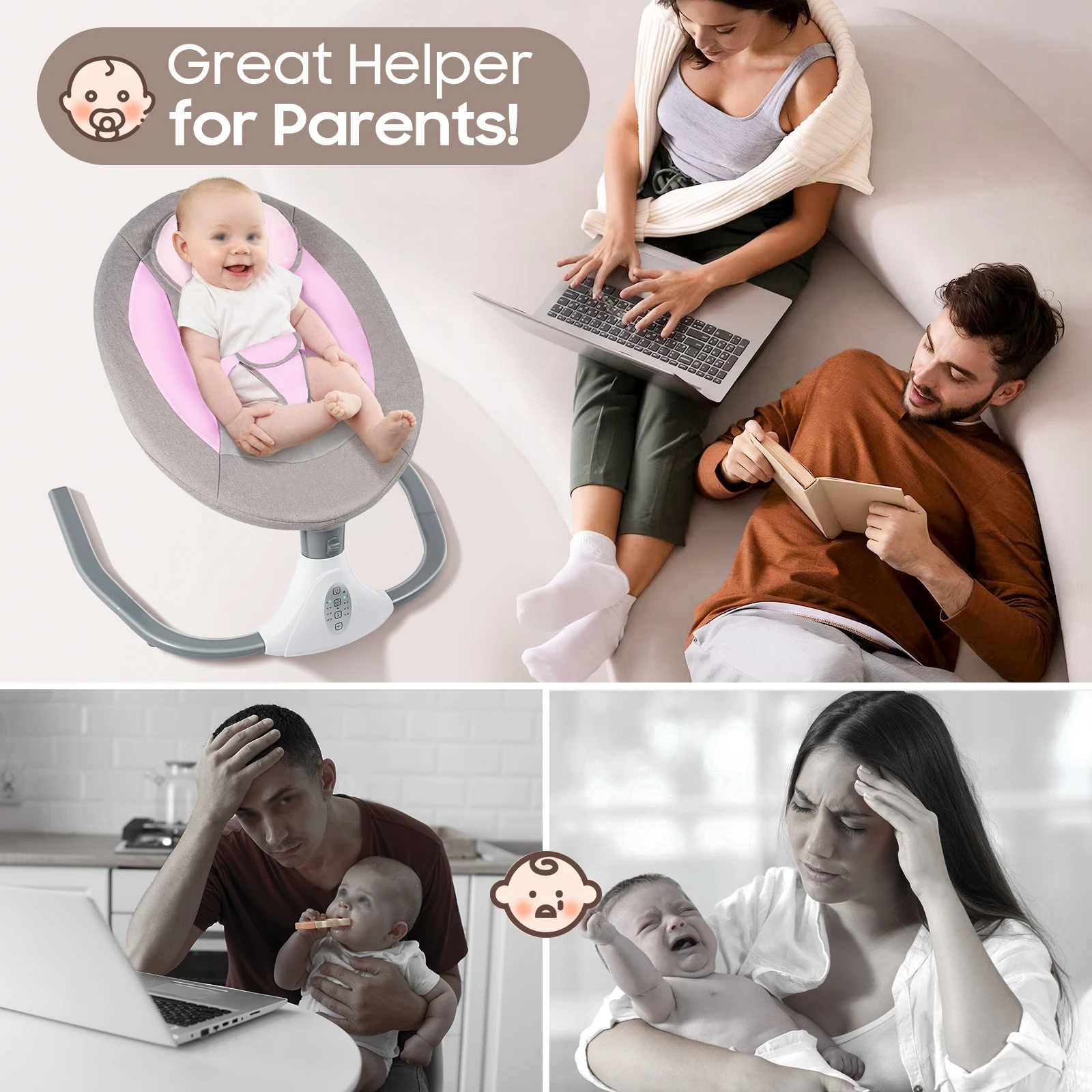 Electric Bluetooth Baby Cradle Baby Auto Swing Chair with Remote Control for 0-18 Months, Swing Amplitudes /Timing Adjustable