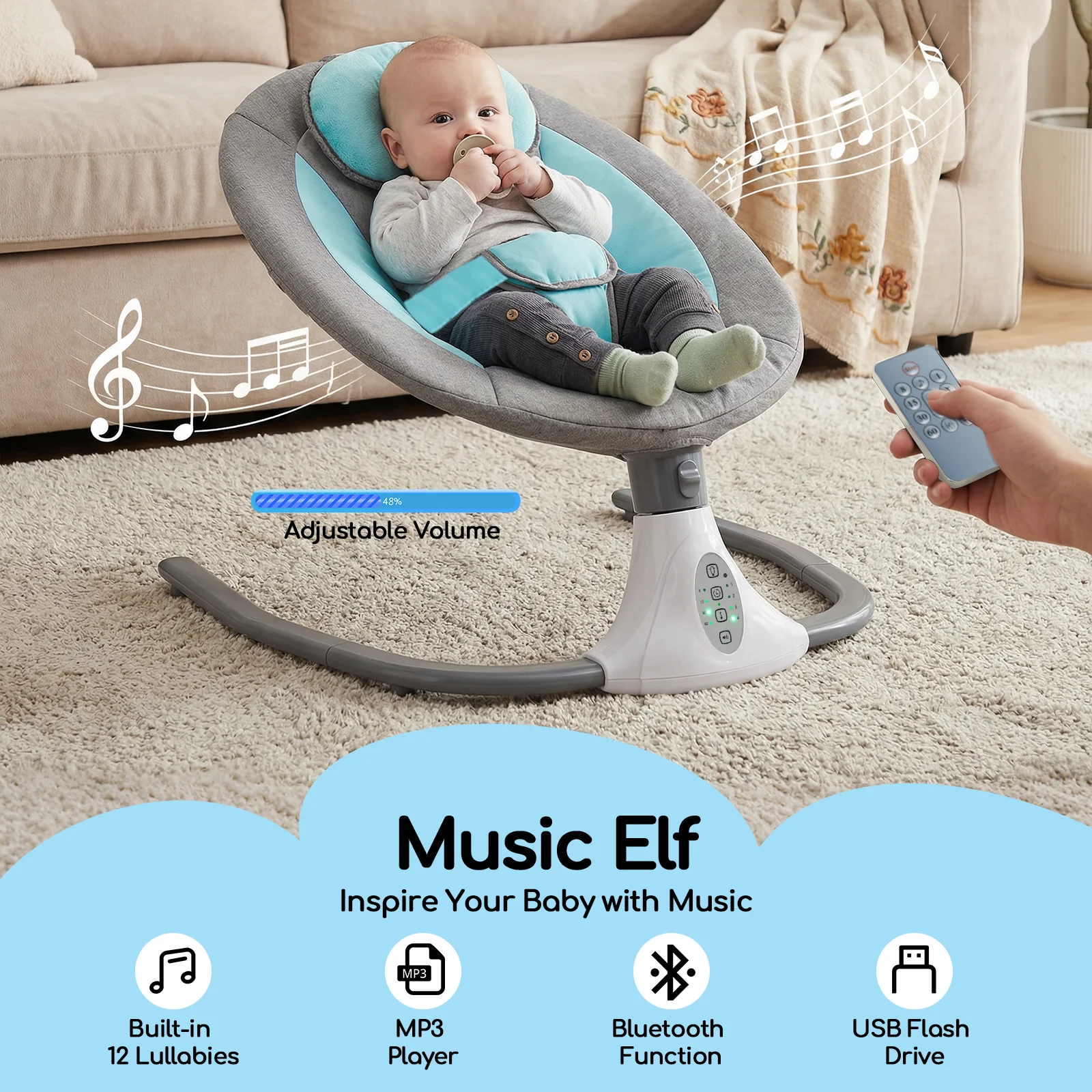 Electric Bluetooth Baby Cradle Baby Auto Swing Chair with Remote Control for 0-18 Months, Swing Amplitudes /Timing Adjustable