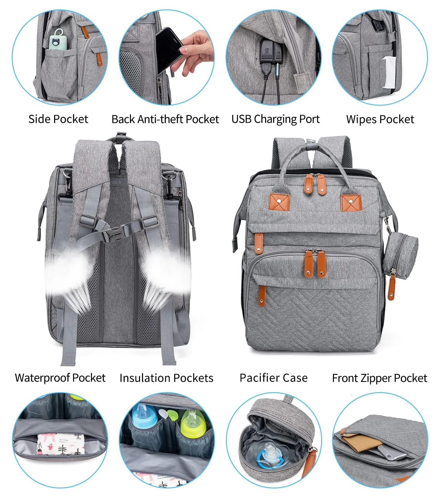 Baby Diaper Bags with Changing Station, Waterproof Large Capacity Diaper Bag Backpack for Moms Dads with USB Charging Port and Stroller Straps, Baby Shower Gifts ,Pink,Green,Blue